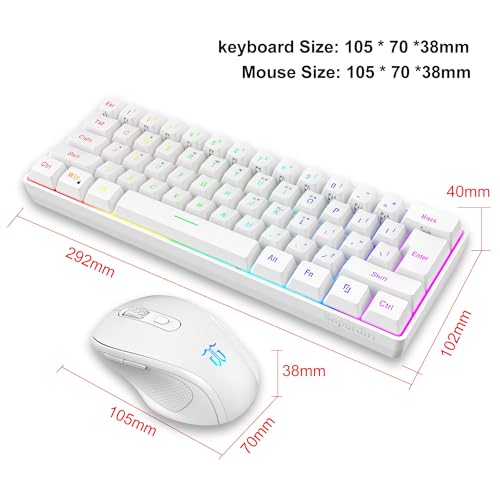 Snpurdiri 2.4G Wireless Gaming Keyboard and Mouse Combo, Include Small 60% Merchanical Feel Ergonomic Design Mini Wireless Mouse(White) - color: White Combo