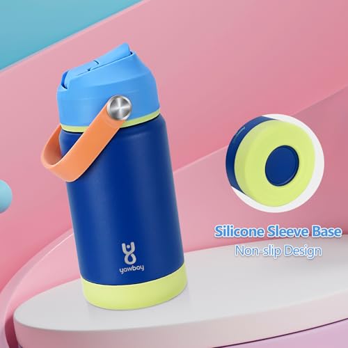 Kids Insulated Water Bottle with Straw Lid & Silicone Handle,12oz Kids Leak Proof Water Bottle for School Boys Girls,Double Wall Vacuum Stainless Steel with Non-slip Silicone Base(Dark Blue) - color: Dark Blue, size: 12 Ounces
