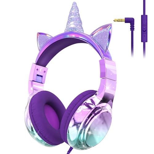 QearFun Unicorn Kids Headphones with Cord, Wired Headset for Kids Girls Boys with Mic, 85/94dB Volume Limit, Foldable Over-Ear 3.5mm On-Ear Design, Sharing Port for School, Chromebook, Tablet, Travel - color: Unicorn Purple