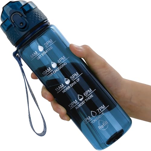 OLDLEY 17oz Kids Water Bottle, Tritan BPA-Free, Leakproof Flip Straw Lid, Motivational Time Marker, Carry Strap, Reusable Clear Water Bottle for Boys & Girls,Slate Blue - color: Slate Blue, style: 17 Ounces