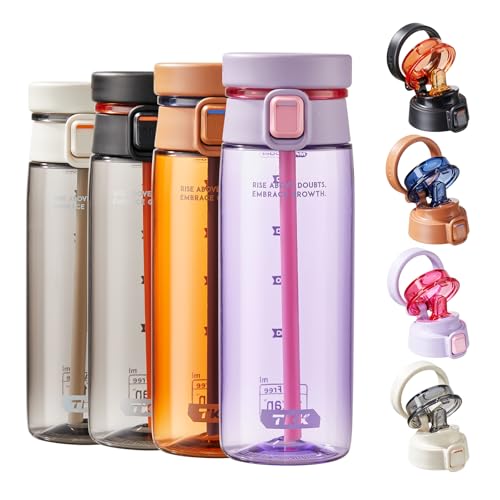 TKK Sports Water Bottle with Straw & Build-in Carrying Handle, Spill-Proof 2-in 1 Lid, 20 oz Plastic Bottles, Dishwasher Safe, Leak-Proof Locking Lid for Kids, Outdoor, School Backpack, Purple - color: Purple