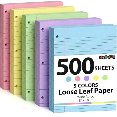 Koogel 500 Sheets Colored Filler Paper, 5 Colors 8 x 10-1/2 Inch Wide Ruled, 3-Hole Punched, Loose Leaf Notebook Paper for 3 Ring Binders, for Students & Office, School Supplies