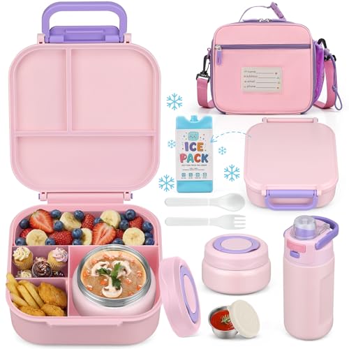 Bento Lunch Box for Kids with 7oz Soup Thermo,Insulated Stainless Steel Kids Water Bottle with Straw and Insulated Lunch Bag,Leak-Proof Lunch Food Container with Ice Pack for School(Pink) - color: Pink
