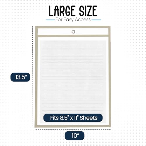 Essex Wares - 6 Pack, Beige, Durable Water-Resistant Dry Erase Pocket Document Protectors, 10" Wide x 13.5" Tall - Dry Erase Clear Plastic Sleeves - Reusable & Easy Erase Plastic Invoice Holders - color: Beige