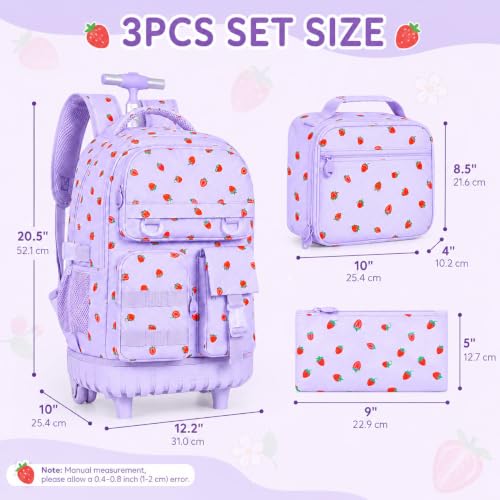 WZLVO 3PCS Roller Backpack, Water Resistance Girls Wheeled Bookbag, Women Aesthetic Rolling School Bag Set with Lunch Box & Pencil Bag for Teens & Kids - Purple Strawberry - color: 3pcs Girls Rolling Backpack - Purple Strawberry
