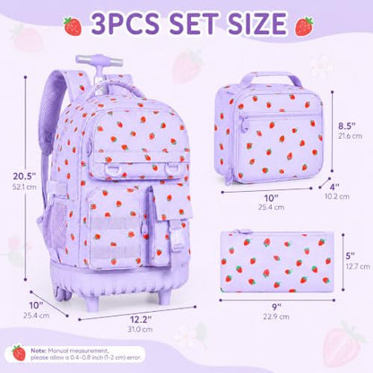 WZLVO 3PCS Roller Backpack, Water Resistance Girls Wheeled Bookbag, Women Aesthetic Rolling School Bag Set with Lunch Box & Pencil Bag for Teens & Kids - Purple Strawberry - color: 3pcs Girls Rolling Backpack - Purple Strawberry