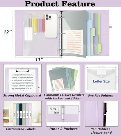 Leather 3 Ring Binder, 2 Inch Binders with Clipboards, 5-Tabs Pockets Dividers, 18 Divider Stikers, Plastic Folder, Pen Holder, Three Ring Binder with Pen Holder(Purple, Letter Size) - color: Purple, size: 2in（Letter Size）