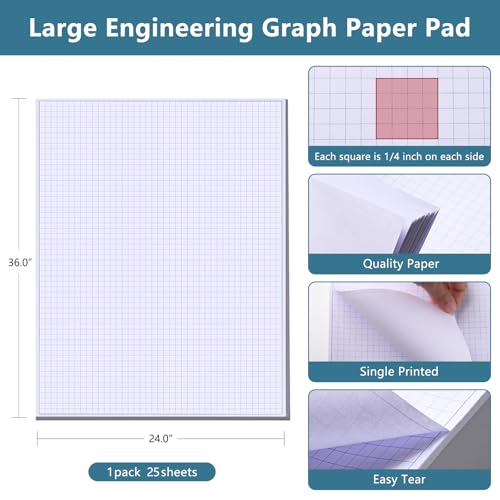 zmybcpack 25 Sheets24"x36" Engineering Graph Paper Pad, Large Grid Paper | 1/4" Ruled Grid Paper For Engineering, Architecture-Mathematician Draftsman, Single Printed