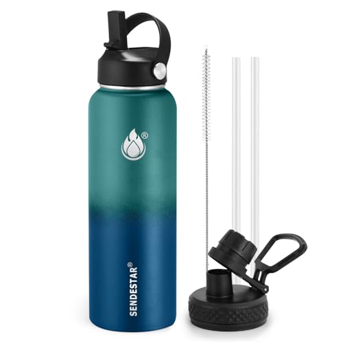 Insulated Water Bottle 40 oz with Straw, Stainless Steel Wide Mouth Water Bottle, Double Wall Vacuum Leak Proof with Straw Lid & Spout Lid for Sports or Office, Keep Cold or Hot Up to 24 Hrs - color: Green & Blue, size: 40 Ounces