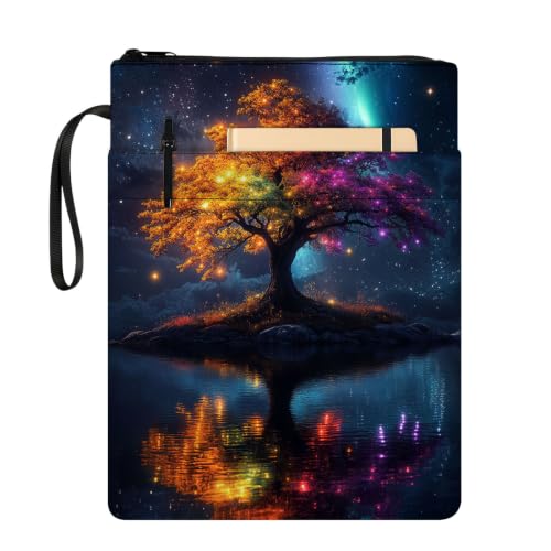 Padded Book Sleeve with Zipper & Front Pocket, Fabric Book Cover | Aesthetic Tree of Life Neon11.4"x8.7" Washable Canvas Pouch for Hardcovers, Tablets & Reading Accessories - color: Aesthetic Tree of Life Neon
