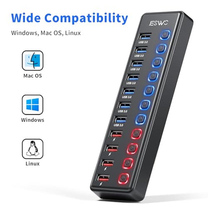 Powered USB Hub, JESWO 11-Port USB 3.0 Hub (7 Data Transfer Ports + 4 Smart Charging Ports) with Individual LED On/Off Switches, USB Hub Powered with 12V/3A Power Adapter for Mac, PC - style: 7+4 USB 3.0 Hub