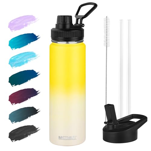 24oz Stainless Steel Metal Sports Insulated Water Bottle (Ginger/Yellow） | Leak-Proof Reusable Travel Cup for Man, Double Wall Vacuum Cold Water Bottle with Straw and 2 Lids for Hiking, Camping, Gym - color: Ginger Yellow, size: 24 Ounces