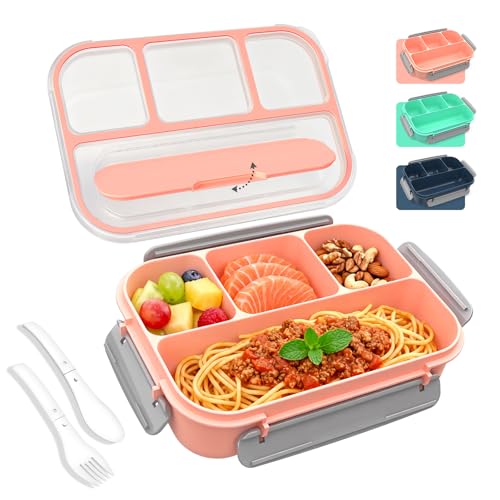 WHALEHOUSE Bento Lunch Box, 1300ML 4 Compartments Meal Prep Container with Utensil, Airtight Food Storage Container with Snap Locking Lids, Microwave/Dishwasher/Freezer Safe, On the Go - color: 1300mL-Pink
