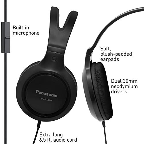 Panasonic Headphones, Lightweight Over The Ear Wired Headphones with Microphone, Sound and XBS for Extra Bass, Long Cord, 3.5mm Jack for Phones and Laptops – RP-HT161M (Black) - size: 4.1 x 7.2 x 7.6 inches (Pack of 1), style: Over Ear - With Mic