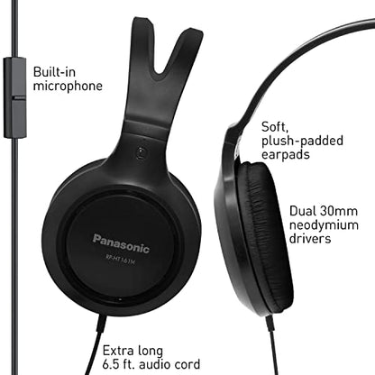 Panasonic Headphones, Lightweight Over The Ear Wired Headphones with Microphone, Sound and XBS for Extra Bass, Long Cord, 3.5mm Jack for Phones and Laptops – RP-HT161M (Black) - size: 4.1 x 7.2 x 7.6 inches (Pack of 1), style: Over Ear - With Mic