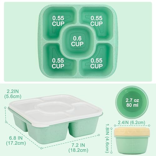 Original Lunchable Snack Containers - 5 Compartments Bento Snack Boxes with 1 Leakproof Small Containers, Wheat Straw, BPA-Free, Set of 2 (Green+Yellow) - color: Green+Yellow