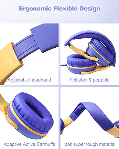 Kids Headphones Wired with Microphone for ipad Computer Laptop for Boys Girls Volume Limit Foldable Over Ear Headset for School 3.5mm Jack - color: Purple