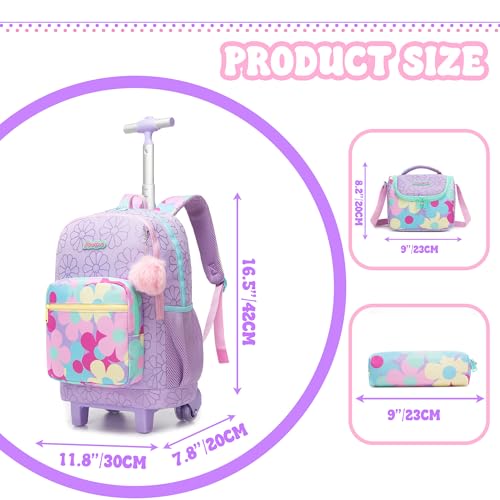 Girls Rolling Backpack with Lunch Box School Backpacks with Wheels 16.5" Roller Backpack for Girls, 3pcs Kids Wheeled Bookbag for Elementary School - color: Zisehuaduo
