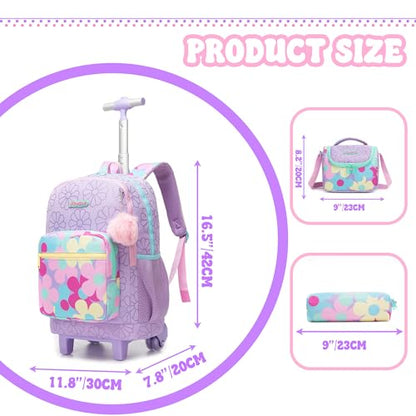 Girls Rolling Backpack with Lunch Box School Backpacks with Wheels 16.5" Roller Backpack for Girls, 3pcs Kids Wheeled Bookbag for Elementary School - color: Zisehuaduo
