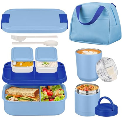 Large Bento Lunch Box Set for Adults Kids Women with 10.5oz Soup Thermo,Coffee Tumblers Men Girls Boys Teenagers Leak-Proof Lunch Food Containers with Lunch Bag - color: Blue