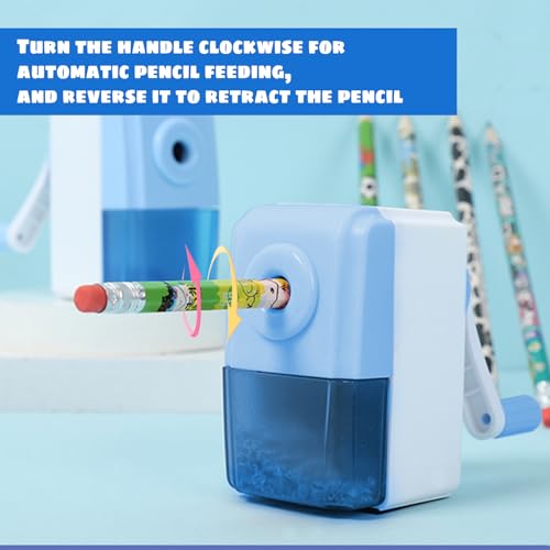 Colored Pencil Sharpener for Kids with One-Handle Operation,Pencil Sharpener Manual with Transparent Container and Non-Slip Base(1 Pack,Blue)