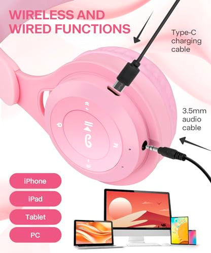 Kids Bluetooth Headphones, Over Ear Children's Wireless Bluetooth 5.3 Headsets, Built-in Mic, Comfortable Wear & HD Sound, Kids Headphones for Boys Girls School Travel iPad Tablet (Pink) - color: Pink