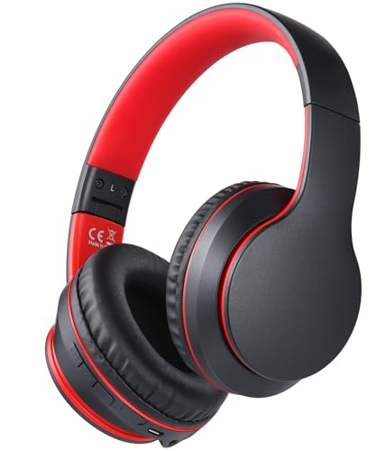 rockpapa E7 Over Ear Wireless Bluetooth Headphones with Mic, Foldable Wired/Wireless Headphones with Microphone for Kids Childrens Boys Girls Teen Youth Adult Black Red - color: Black Red, style: without Case
