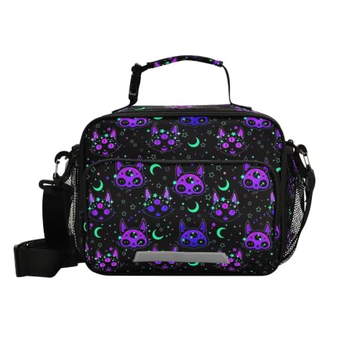 MNSRUU Student Insulated Lunch Bag Gothic Cat Skulls | Lunch Box Dinner Totes Picnic Bag with Adjustable Shoulder Strap for Teen Kids Adults with side pocket for women for work - color: Cat TH0040