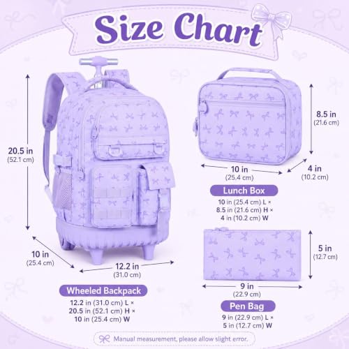 CCJPX Rolling Backpack for Girls, 3Pcs Roller Wheeled School Bookbag, Bow Wheels Backpacks with Lunch Box for Kids (Purple) - color: Bow Purple