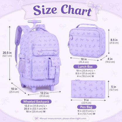 CCJPX Rolling Backpack for Girls, 3Pcs Roller Wheeled School Bookbag, Bow Wheels Backpacks with Lunch Box for Kids (Purple) - color: Bow Purple