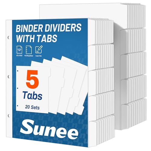 SUNEE Binder Dividers with Tabs for 3 Ring Binder, 8.5 x 11 Paper White Binder Dividers Blank with 5 Tabs, 20 Sets Page Dividers for School, Office and Home, 100 Dividers
