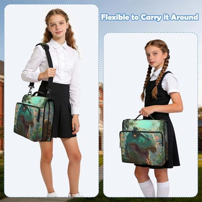 Jungle Dinosaur 3 Ring Zipper Binder Bag with Laptop Pockets and Shoulder Strap Tote Binders Organizer Case for School Office - color: Dinosaur