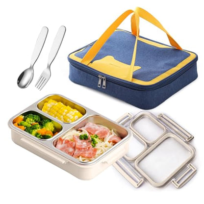 Stainless Steel Bento Lunch Box Set with Spoon, Fork & Insulated Lunch Bag, 25oz Leakproof Bento Box for Adults & Kids, Ideal for School, Home, Office, Picnic & Healthy meal prep containers (Beige) - color: Beige