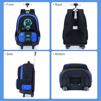 Bevalsa Rolling Backpack for Boys,Cool Luminous Gamer Roller School Backpacks with Lunch Box & Pencil Case,Kids Wheeled Schoolbag Bookbag with Wheels for Kindergarten Elementary School Travel - color: Blue