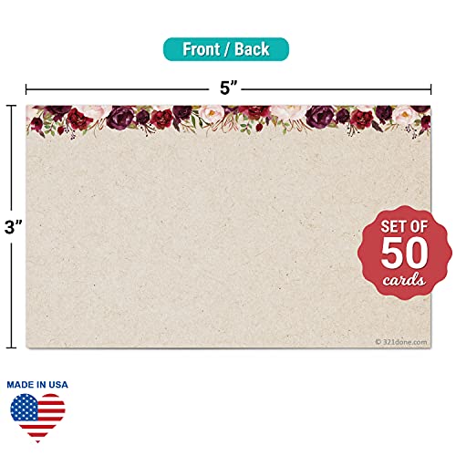 321Done Blank Cards, 3x5 inch Set of 50 - Made in USA, No Envelopes | Thick Tan Kraft Card Stock, Red Roses Design on Tan, Notecards & Stationery for Writing, Prinitng, Stamping, Drawing - color: No Lines, size: Small (3 x 5)