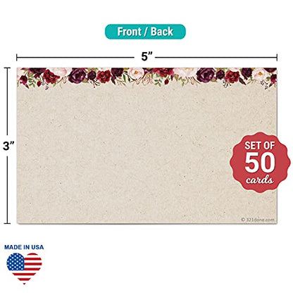 321Done Blank Cards, 3x5 inch Set of 50 - Made in USA, No Envelopes | Thick Tan Kraft Card Stock, Red Roses Design on Tan, Notecards & Stationery for Writing, Prinitng, Stamping, Drawing - color: No Lines, size: Small (3 x 5)