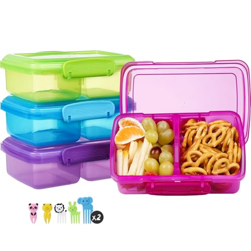 Greentainer 4 Pack Snack Containers with Lids for Kids, 2 Compartment Reusable Bento Lunch Box with Cute Forks, Divided BPA-Free Plastic Food Storage & Meal Prep for School, Travel, Fruits & Snacks - color: Colorful