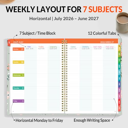 SUNEE Teacher Planner 2026-2027 Academic Year, Lite Lesson Planner Book with 7 Periods Jul 2026 - Jun 2027, 8.5"x11" Daily Weekly and Monthly Organizers, Plan Book with Pocket, Color Tabs, Wildflower - color: Green Wildflower