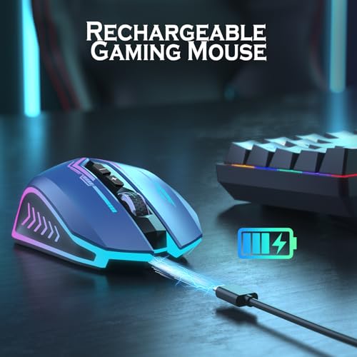 UHURU Gaming Mouse, Wireless Gaming Mouse with 7 Buttons 7 Changeable LED Color up to 12000 DPI, Rechargeable USB Gamer Mouse for PC Laptop (Blue) - color: blue