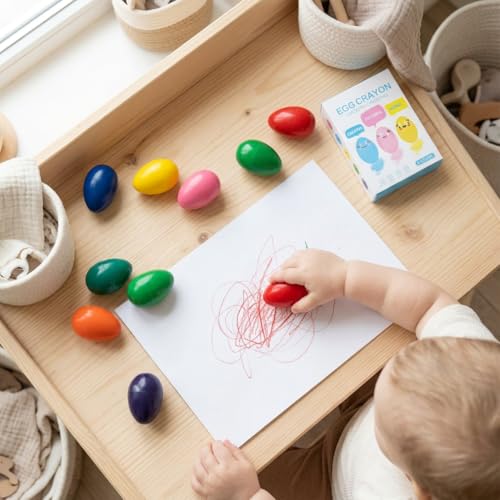 MAGQOO 9 Colors Egg Crayon for Toddlers Baby Palm Grip Jumbo Crayons Easter Egg Gifts Non Toxic Palm Grasp Washable Paint Crayons Stackable Toys
