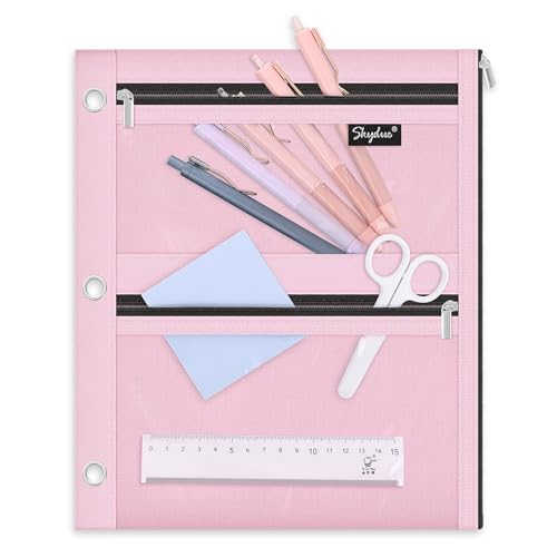 SKYDUE Pencil Pouch for 3 Ring Binder, 3 Compartment Zipper Pencil Case, Large Capacity Pen Organizer with Clear PVC Window for School Supplies, Students, Kids & Teachers - color: Pink