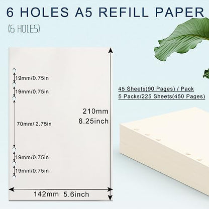 Toplive A5 Refill Paper [5 Pack], 100GSM Thick 6 Hole Loose Leaf - 225 Sheets (450 Pages), Blank Refillable Filler Inserts for 6 Ring Binder/Journal/Notebook - Perfect for Sketching & Creative Notes - style: 5Pack Blank Paper