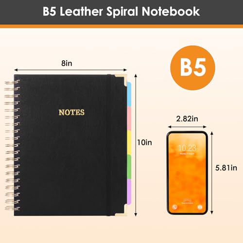 LABUK Leather Spiral 5 Subject Notebook with Removable Dividers Tabs, 300 Pages B5 Hardcover Spiral Notebook, 8"x10" Journal for Work School Note Taking, College Ruled Journal for Women, Black - color: 2-black
