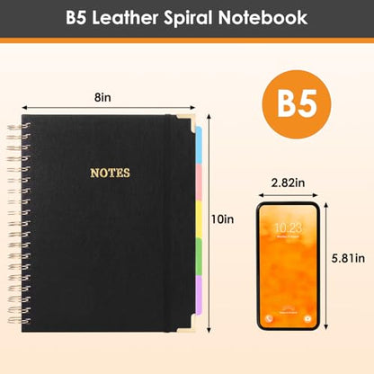LABUK Leather Spiral 5 Subject Notebook with Removable Dividers Tabs, 300 Pages B5 Hardcover Spiral Notebook, 8"x10" Journal for Work School Note Taking, College Ruled Journal for Women, Black - color: 2-black