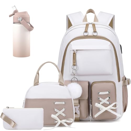 ACESAK Kids School Backpack for Girls, 4-In-1 Bookbag Backpack Set with 14OZ Insulated Kids Water Bottle (Beige Khaki) - color: Off-white-to-khaki Gradient
