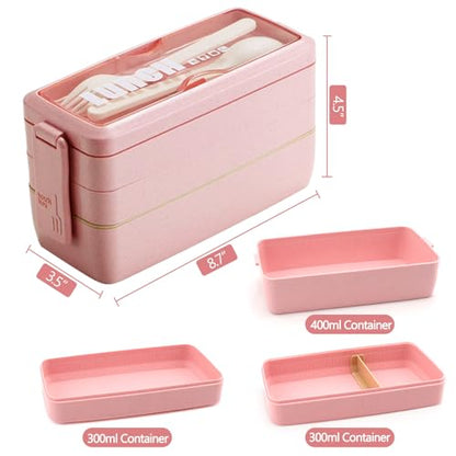 35Pcs Bento Box Japanese Lunch Box Kit Leakproof Lunchbox, Pink | Wheat straw 3 layer stackable lunch container with compartments and lunch bag for kids adults teens meal prep school office - color: Pink, size: 35Pcs