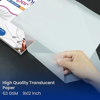 Tracing Paper 9x12 in, 100 Sheets, Transparent Sketch Paper 63gsm | Translucent, Sketching & Drafting, Overlays, Pencil Marker & Ink, Premium - size: 9" x 12" (100 Sheet)