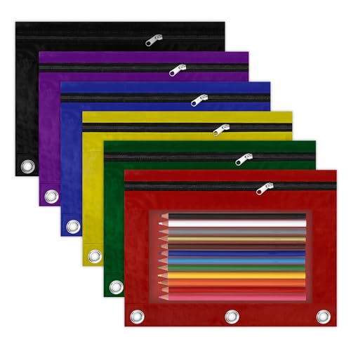 Pencil Pouch for 3 Ring Binder, 6 Pack Multicolors Zipper Pencil Pouches, Clear Window Pencil Case for Binder, 3 Hole Pen Pouch Bulk, Pencil Bag with Grommets for College Office Supplies - color: Black+red+blue+purple+green+yellow