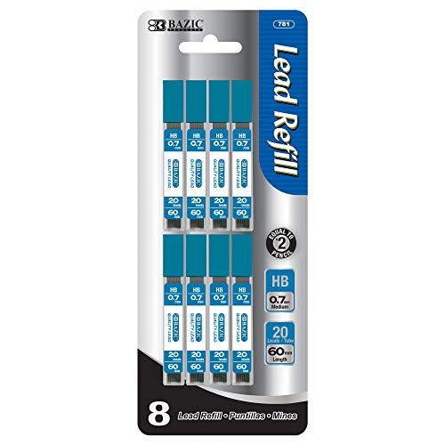 BAZIC PRODUCTS 0.7mm HB Pencil Lead Refills, 8 Tubes x 20, 24-Box | 0.7 mm HB lead, 160 pieces in 8 tubes, Break-resistant, fits standard 0.7 mm pencils, school, office, N Pieces (total) - size: 1 Count (Pack of 24)