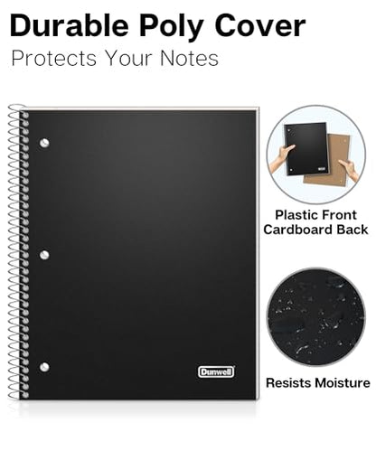 Dunwell College Ruled Spiral Notebook (Black), 1 Subject Notebook 8.5 x 11 for School, Plastic Cover, Pocket Divider, 100 Sheets (200 Pages), 3-Hole Punched Perforated 8 1/2 x 11 Paper - color: Black, style: 1 Subject